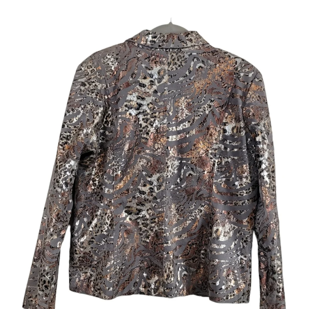 Bamboo Traders Faux Suede Jacket. Gray with Metallic Animal Print Sz L - Picture 2 of 8